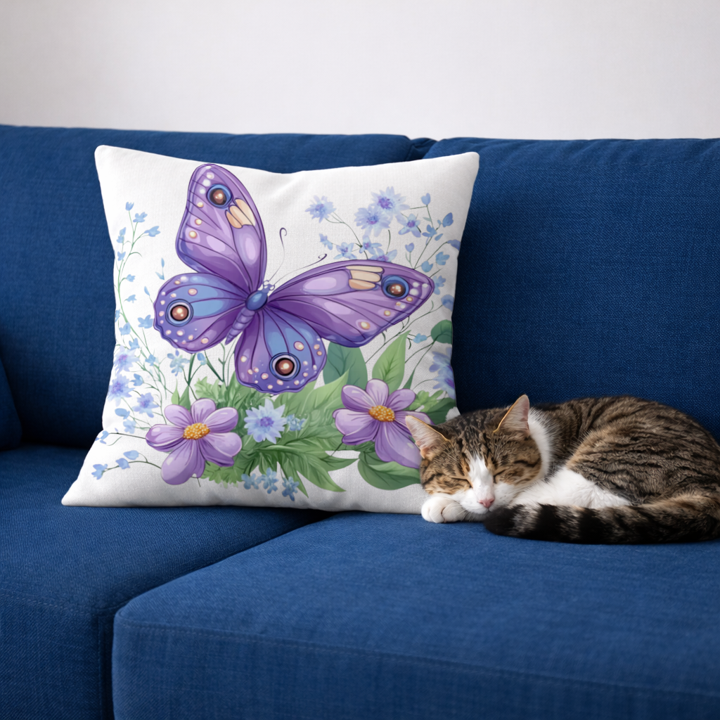 Mor Kelebek ve Mavi Kır Çiçekleri Dekoratif Kırlent Kılıfı