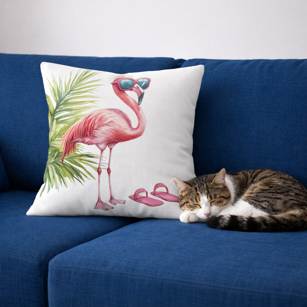 Güneş Gözlüklü Pembe Flamingo Dekoratif Kırlent Kılıfı