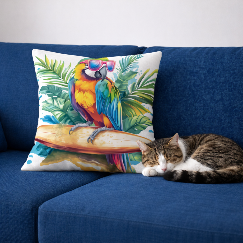 Surfing Parrot with Pink Sunglasses Decorative pillow cover