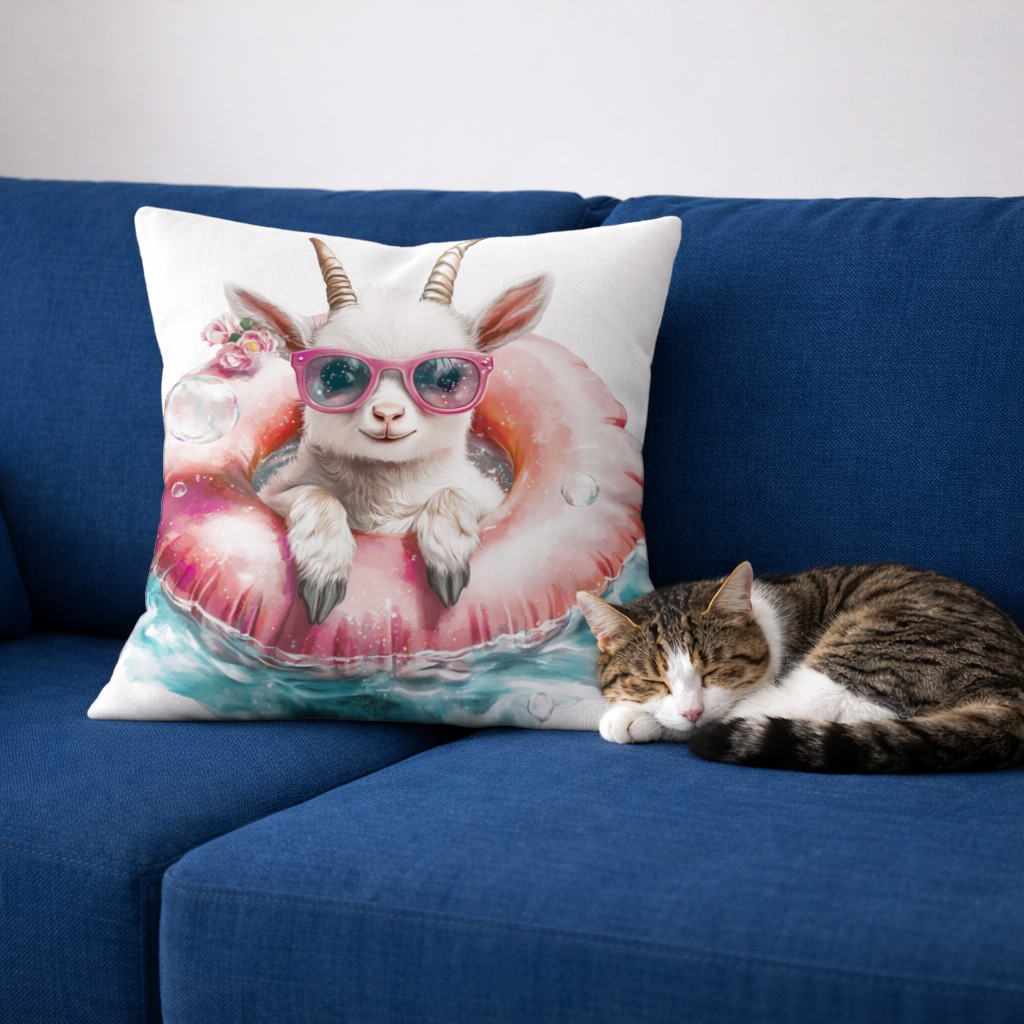 Pembe Gözlüklü Havuzda Yavru Keçi Dekoratif Kırlent Kılıfı