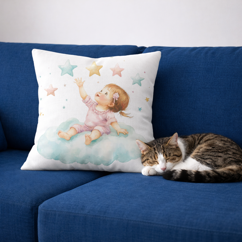 Bulut Üzerinde Yıldızlara Ulaşan Bebek Dekoratif Kırlent Kılıfı