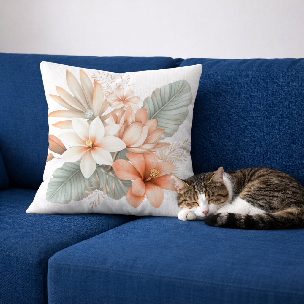 Şeftali Tonlu Tropikal Çiçek Buketi Dekoratif Kırlent Kılıfı