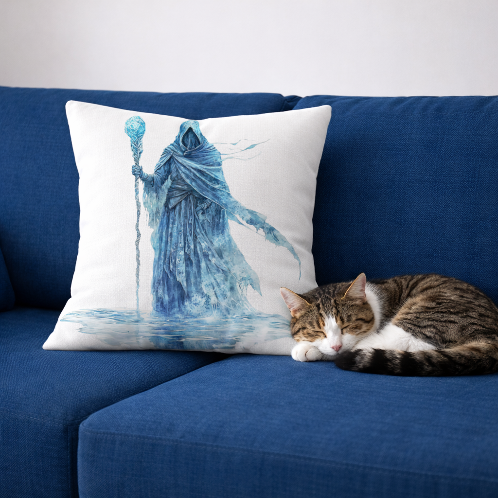 Blue Frost Mage Hooded Wizard Staff Decorative pillow cover