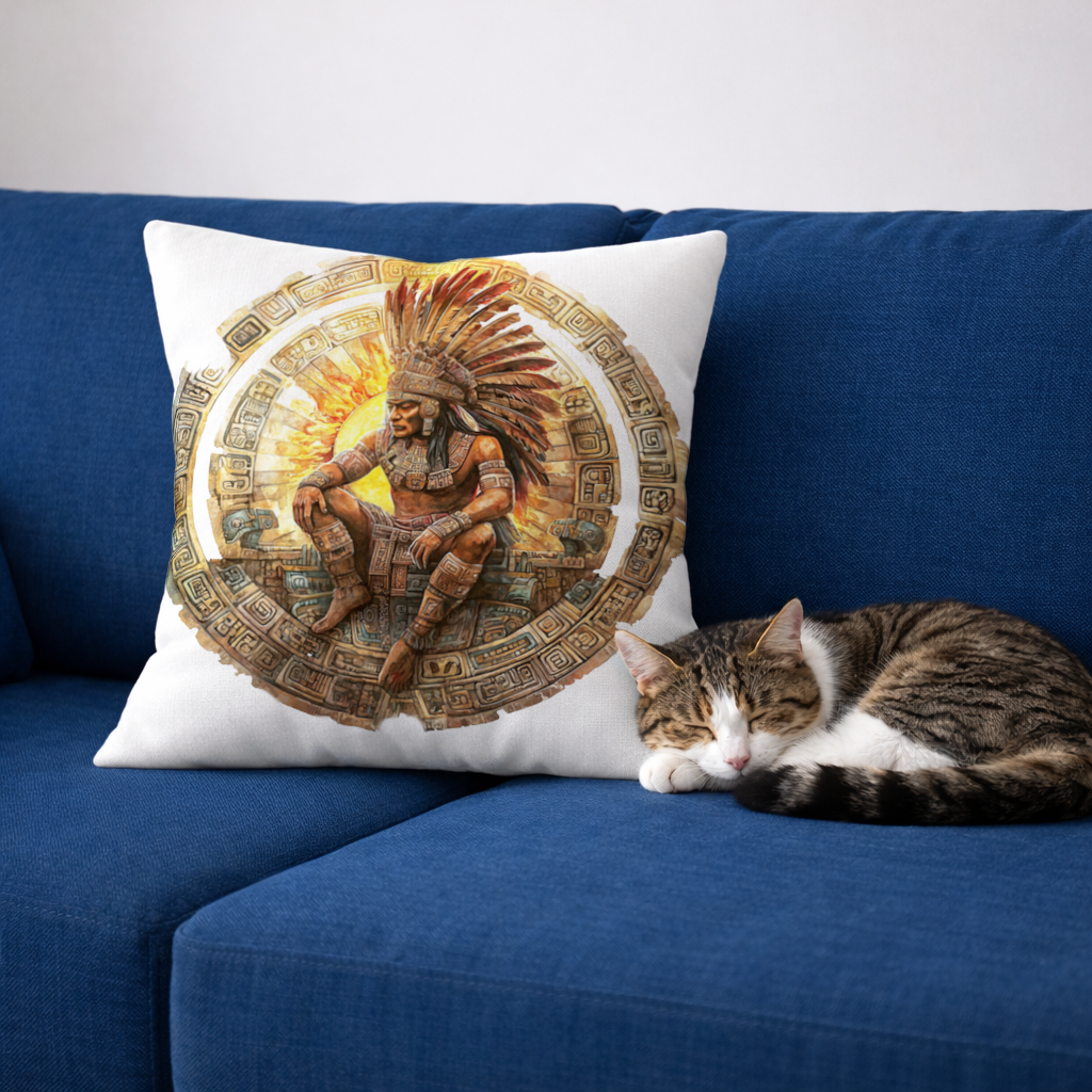 Antik Aztek Güneş Savaşçısı Dekoratif Kırlent Kılıfı