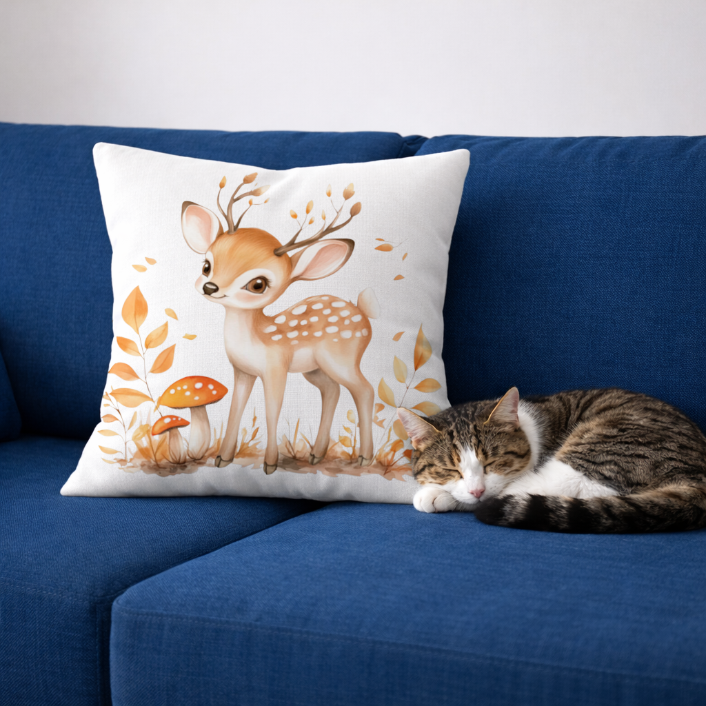 Masalsı Sonbahar Yavru Geyiği Dekoratif Kırlent Kılıfı