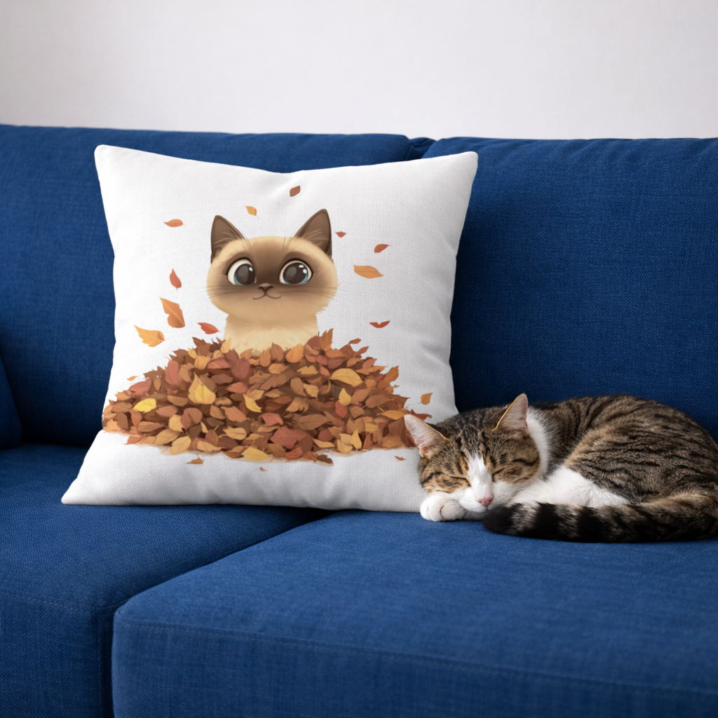 Yaprak Yığınındaki Siyam Kedisi Dekoratif Kırlent Kılıfı