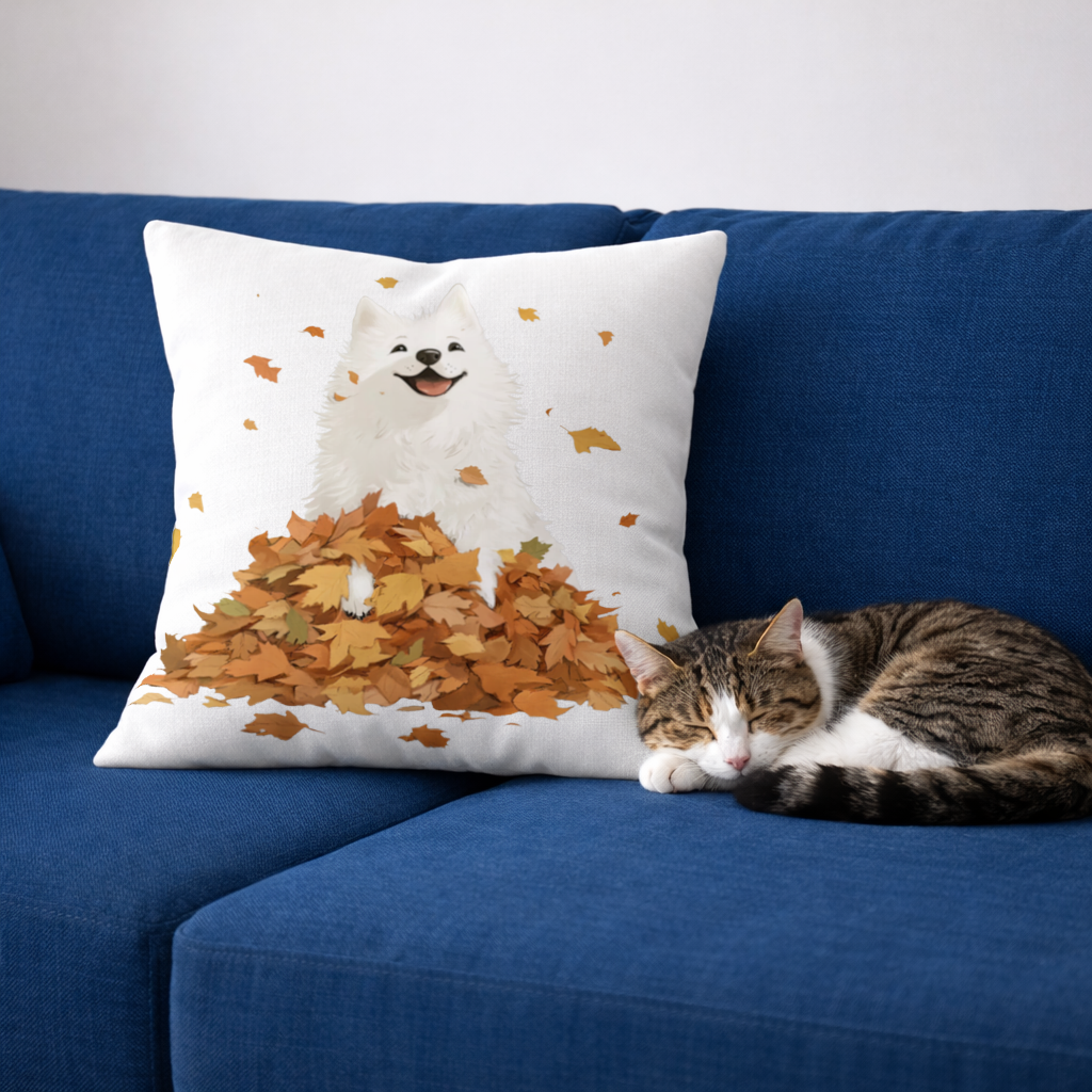 Happy White Dog in Autumn Leaves Decorative pillow cover