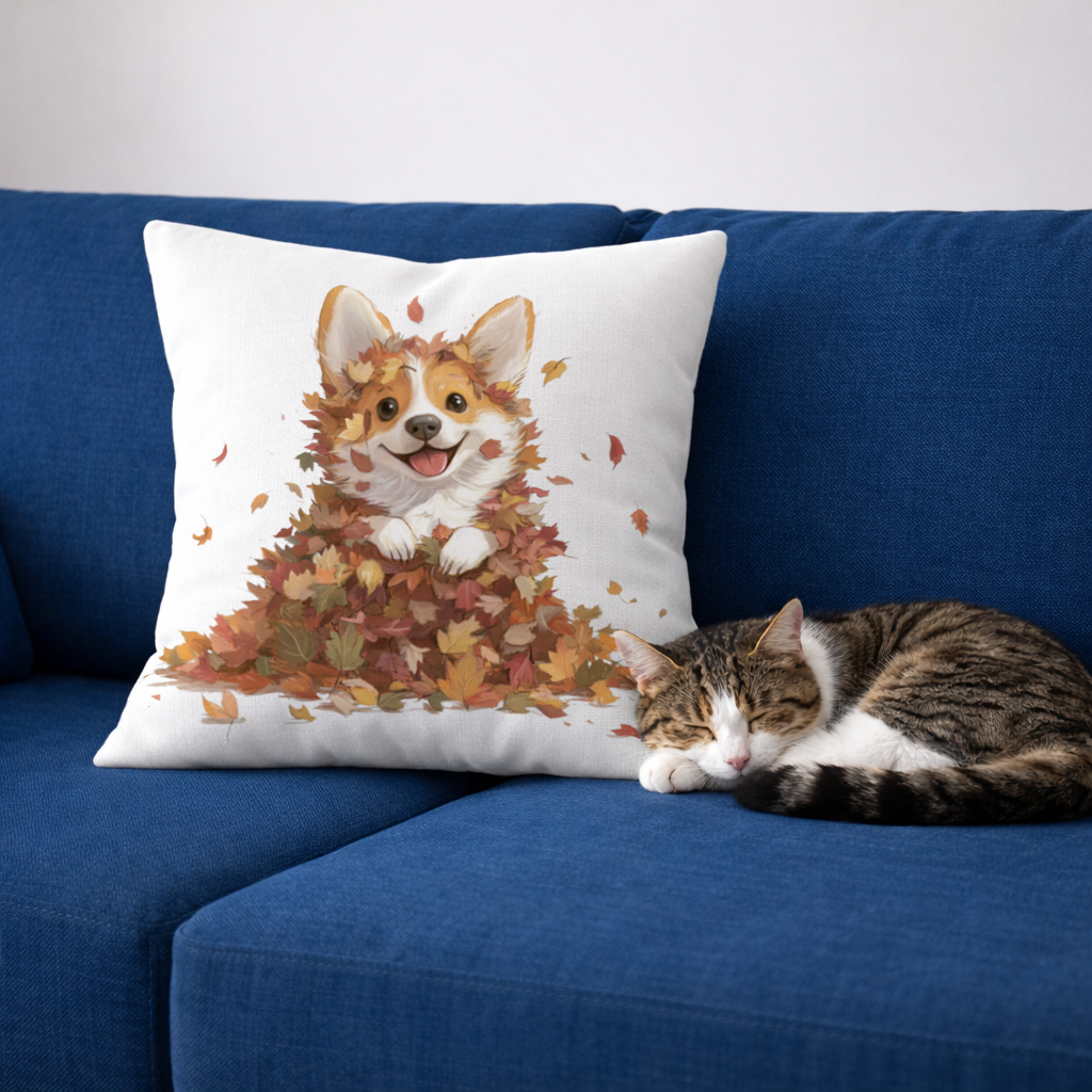 Happy Corgi Puppy in Fall Leaves Decorative pillow cover