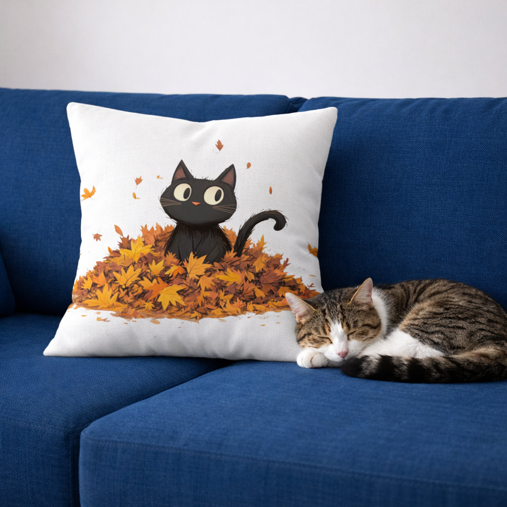 Cute Black Cat in Autumn Leaves Decorative pillow cover