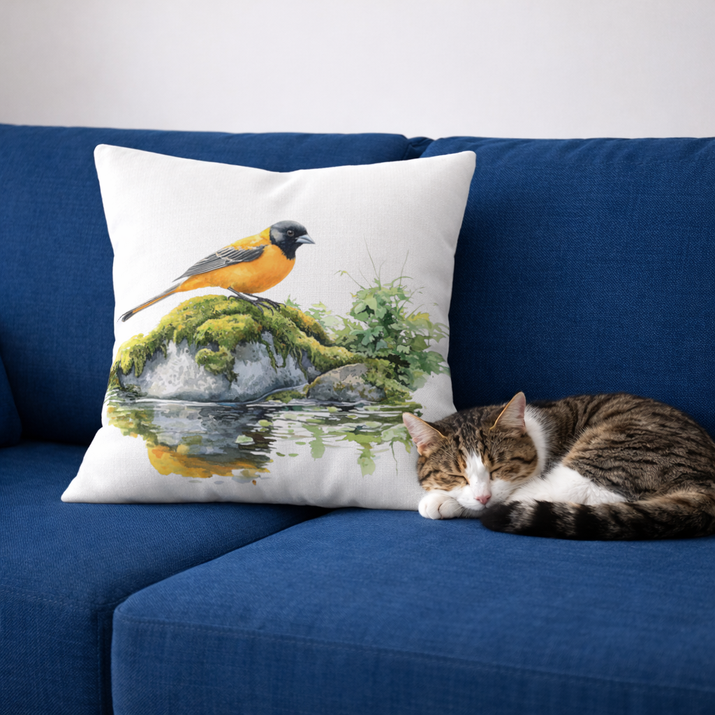 Turuncu Siyah Baltimore Oriole Kuşu Dekoratif Kırlent Kılıfı