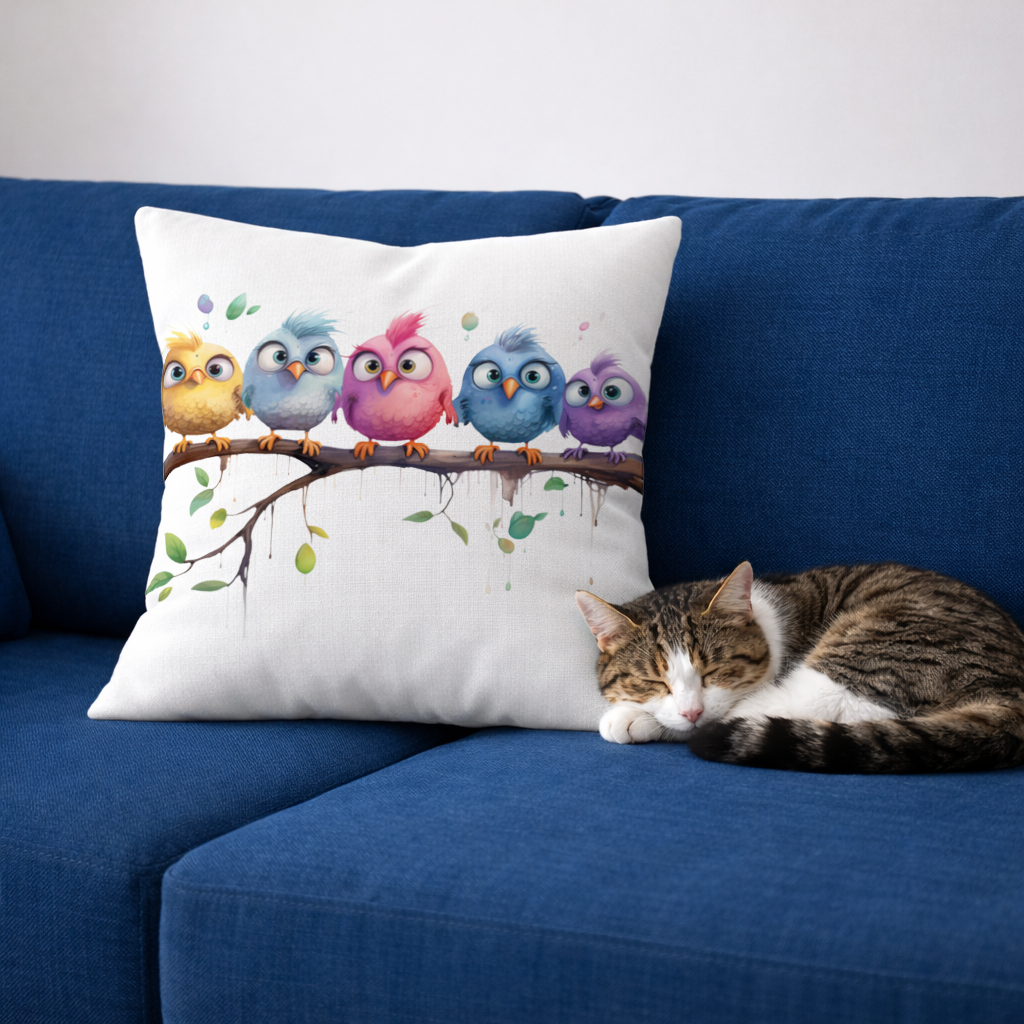 Five Colorful Kawaii Birds on Branch 