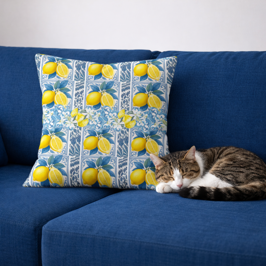 Mediterranean Lemon and Blue Azulejo Tile Pattern Decorative pillow cover