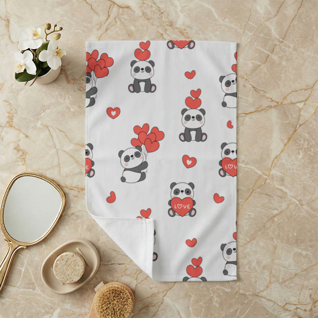 Cute Panda Valentines Day Love Heart Pattern Design Hand Towel