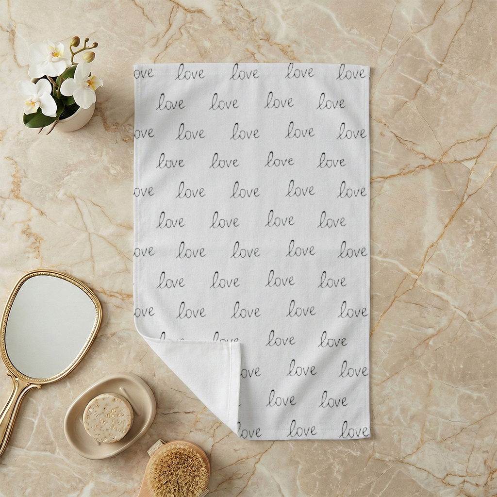 Minimal Black and White Love Text Pattern Design Hand Towel