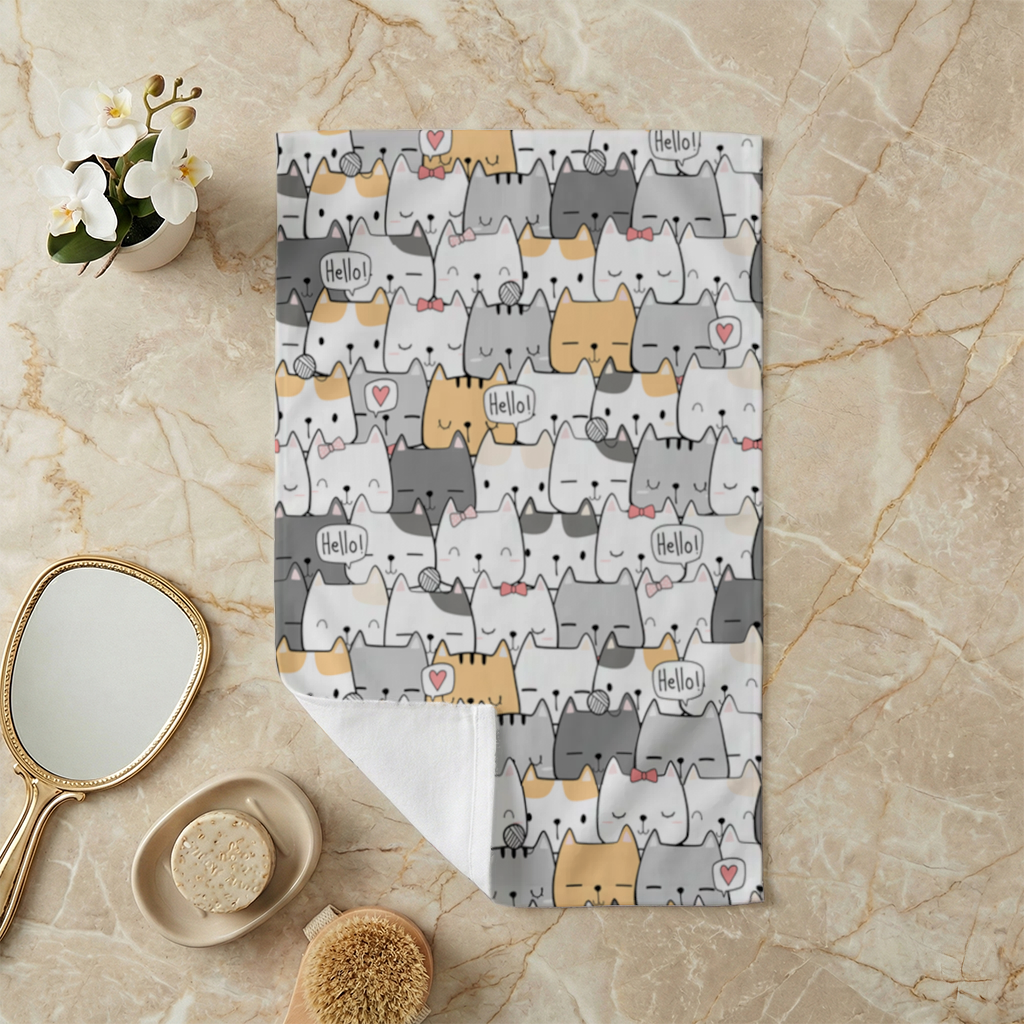 Konuşma Balonlu Sevimli Karikatür Kediler Deseni El Havlusu