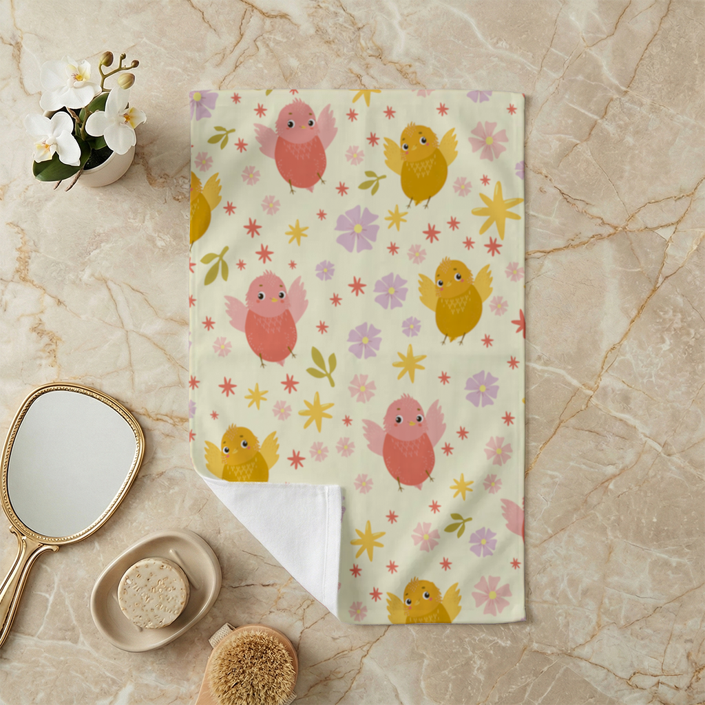 Sevimli Kuşlar ve Çiçekler Desenli Pastel Bahar İllüstrasyonu El Havlusu