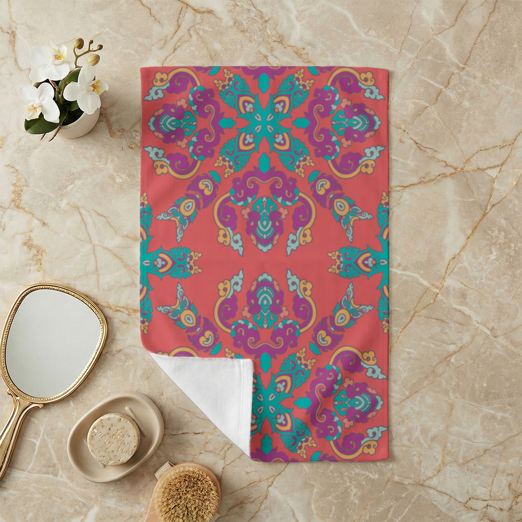 Vibrant Red Oriental Mandala Pattern Hand Towel