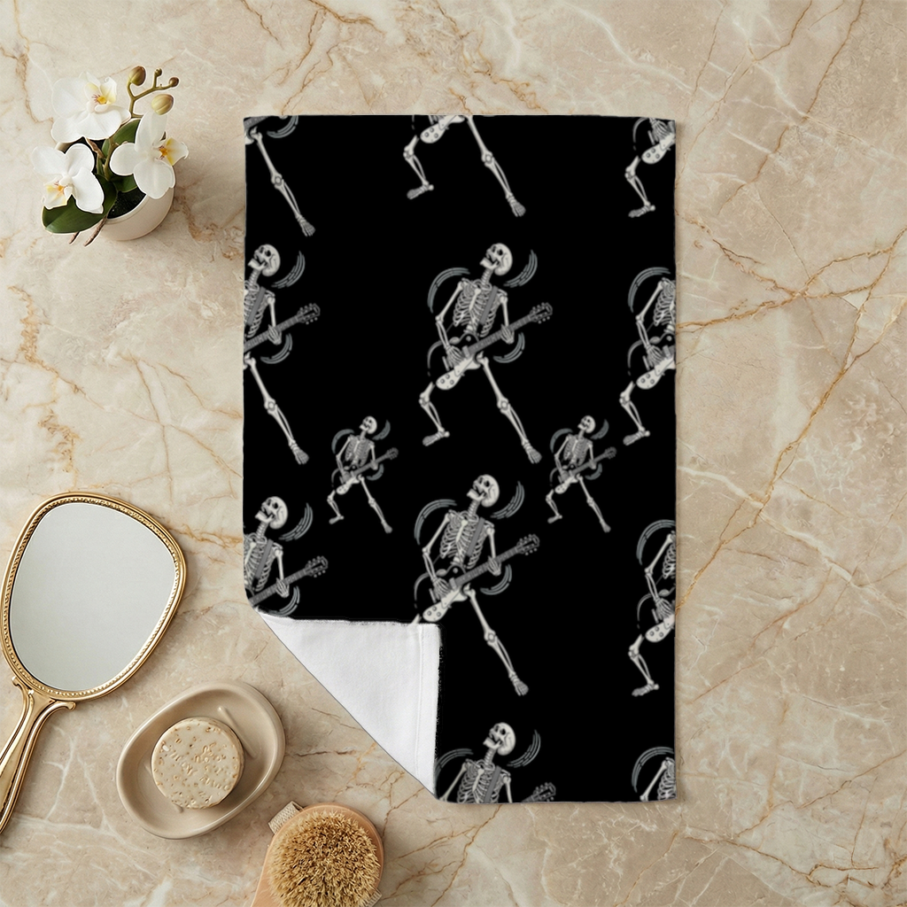 Rock Guitar Playing Skeleton Pattern on Black Hand Towel