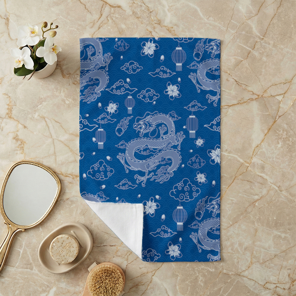 Traditional Dragon Pattern on Blue Background Hand Towel