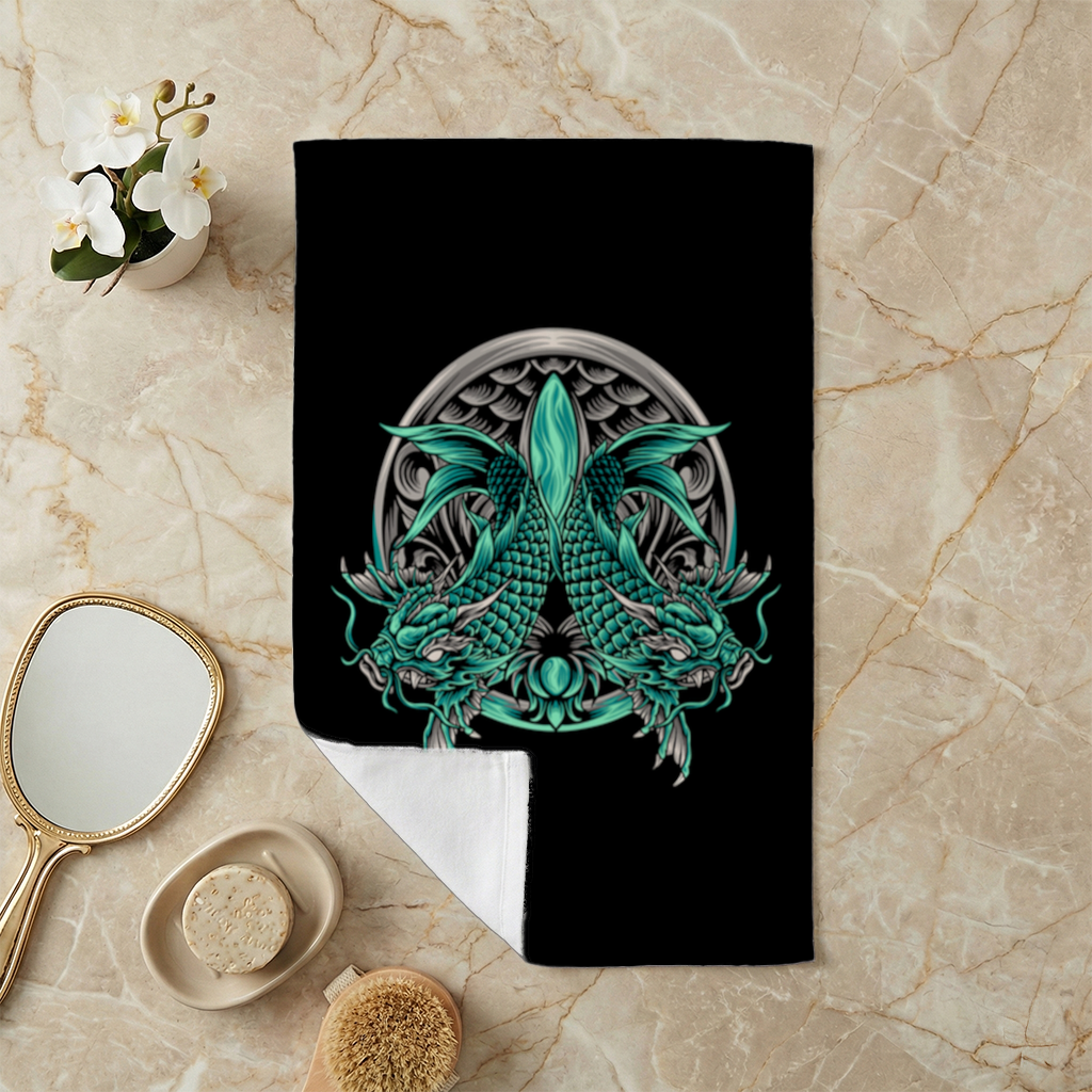 Turquoise Twin Dragon Emblem Design Hand Towel
