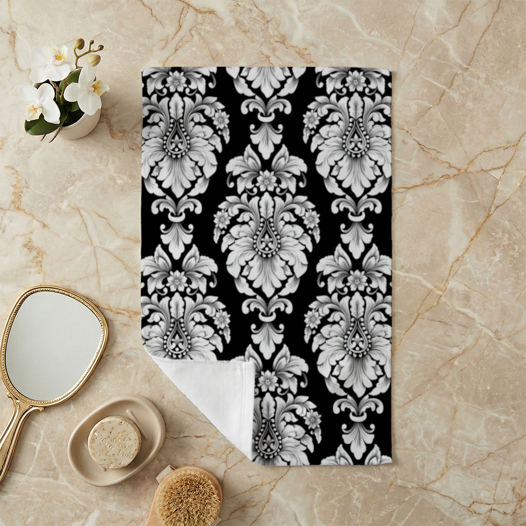Black and White Baroque Floral Pattern Hand Towel