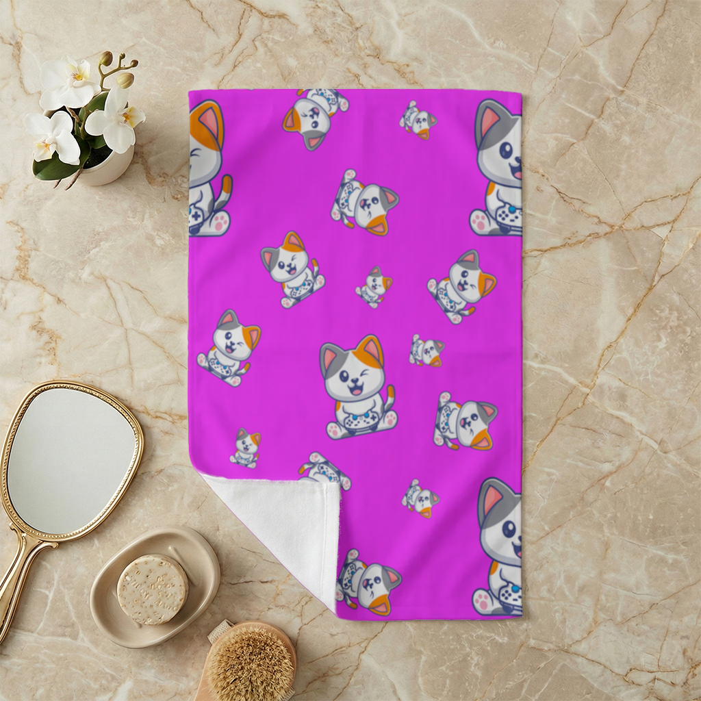 Cute Cartoon Cat Pattern on Pink Background Hand Towel