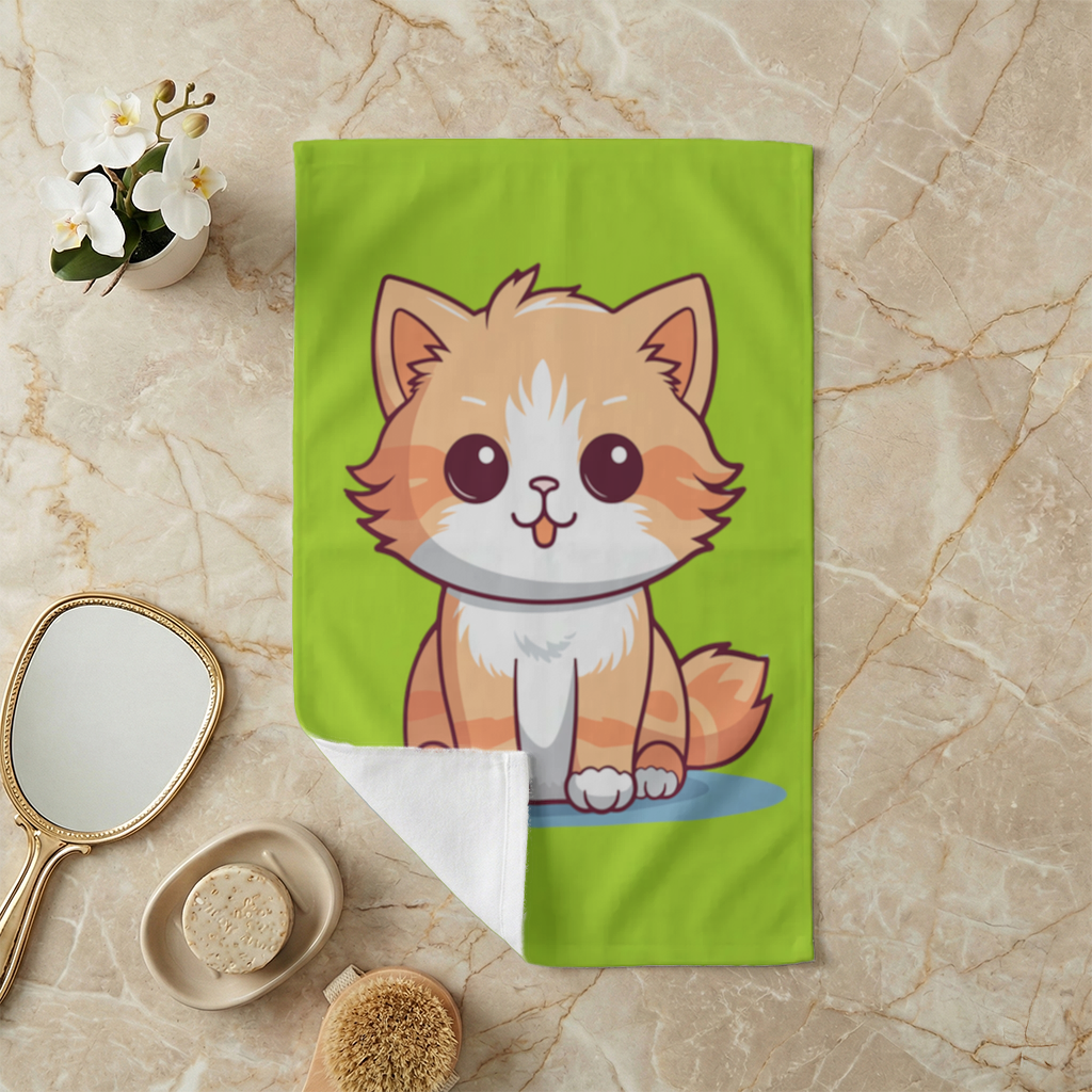 Sevimli Turuncu Kedi Çizimi El Havlusu