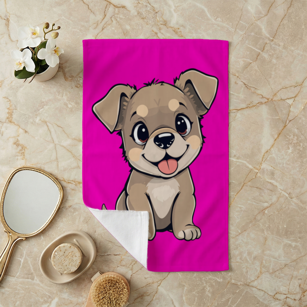 Cute Dog Illustration on Pink Background Hand Towel