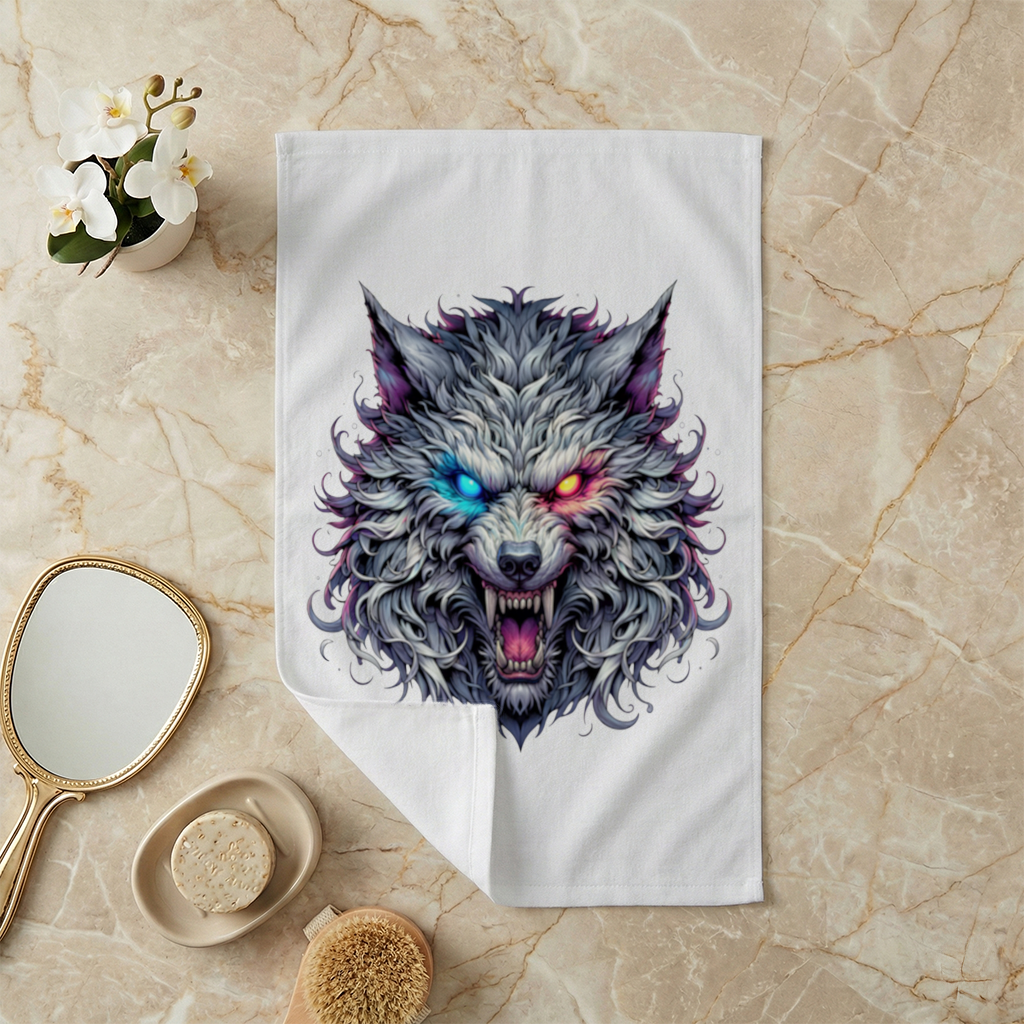 Fierce Wolf Head Illustration Heterochromia Eyes, Savage Wolf Hand Towel