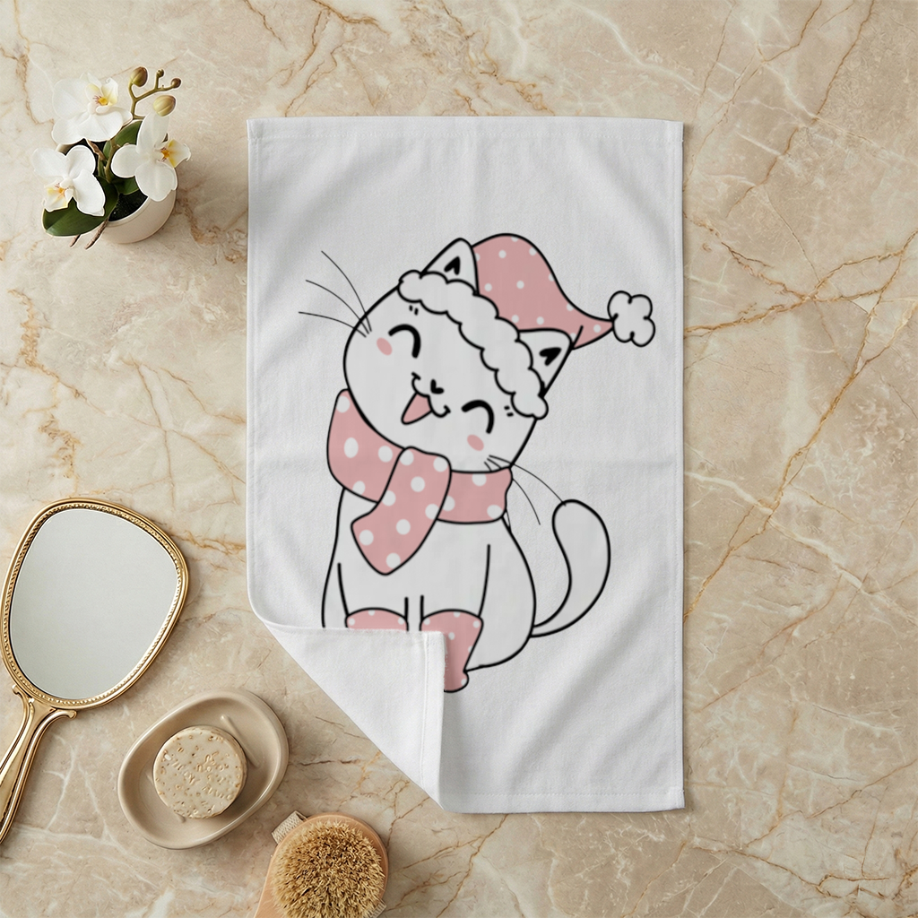 Cute Christmas Cat with Pink Polka Dot Outfit Hand Towel