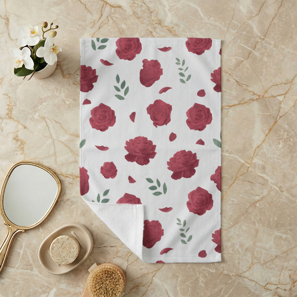 Red Rose and Leaf Romantic Seamless Pattern Hand Towel