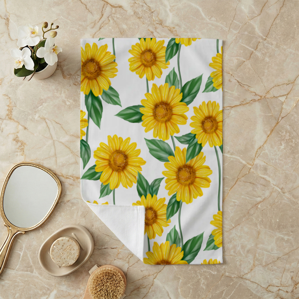 Canlı Sarı Ayçiçeği ve Yeşil Yaprak Desenli İllüstrasyon El Havlusu