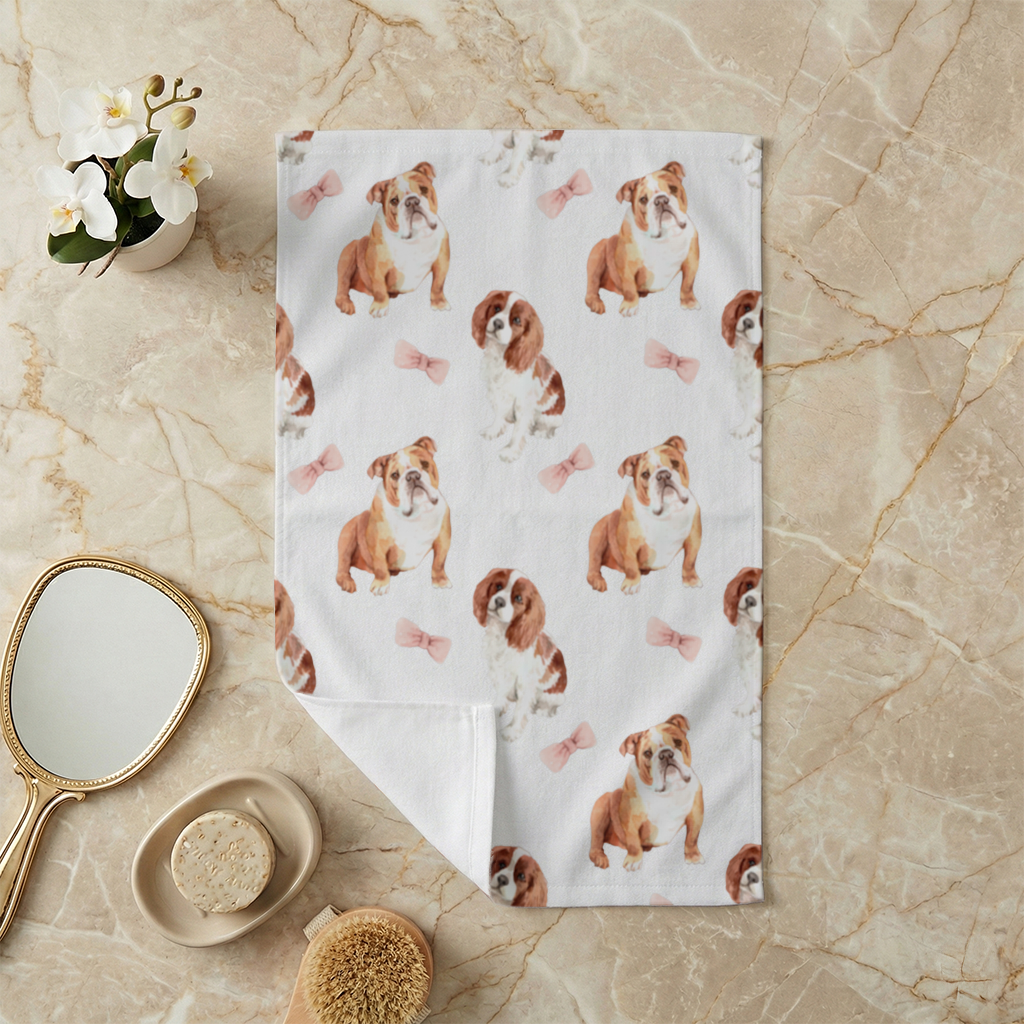 Watercolor English Bulldog and Cavalier Puppy Pattern Hand Towel