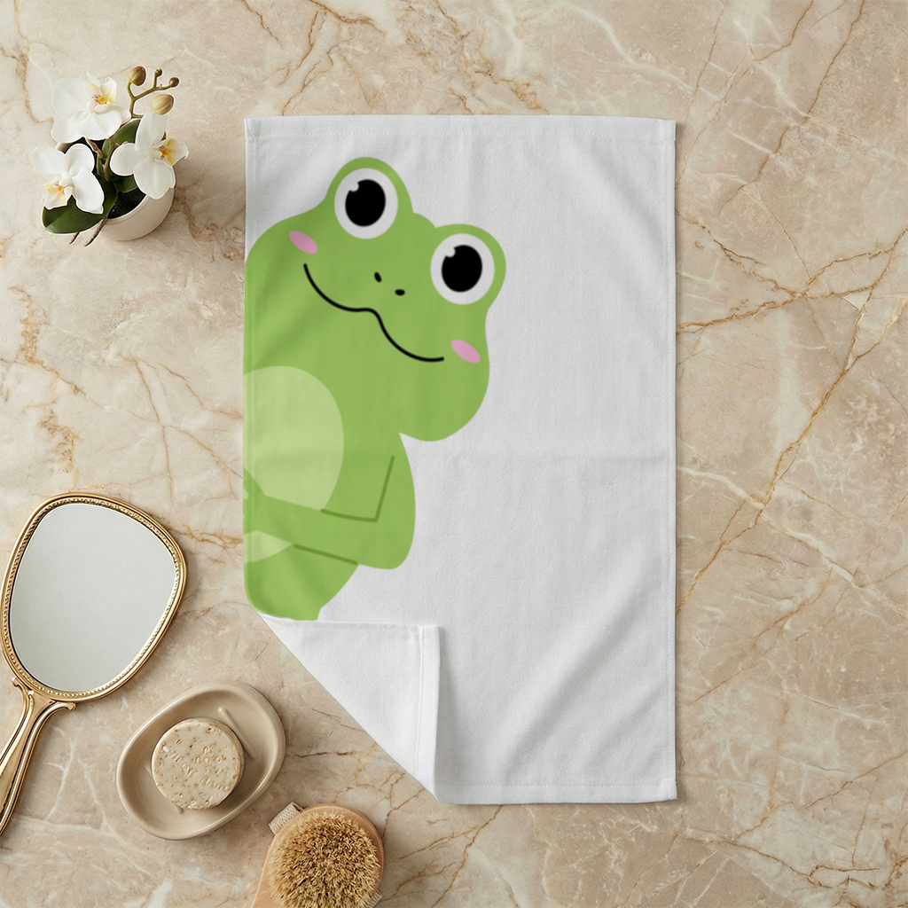 Cute Green Frog Peek-a-Boo Illustration Hand Towel