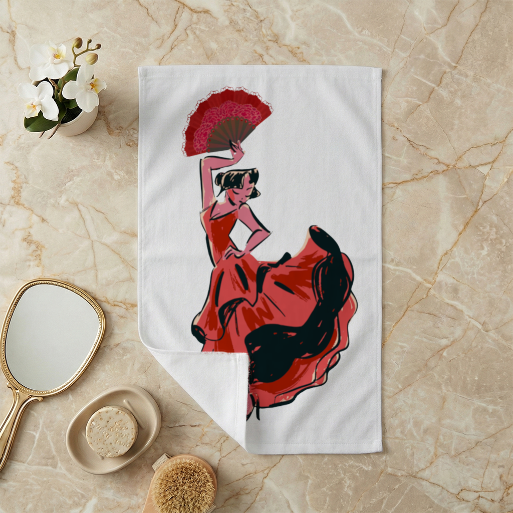 Flamenco Dancer with Fan Illustration Hand Towel