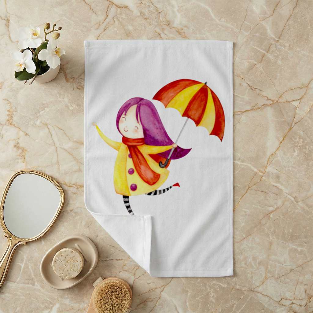 Cheerful Girl with Umbrella Hand Towel