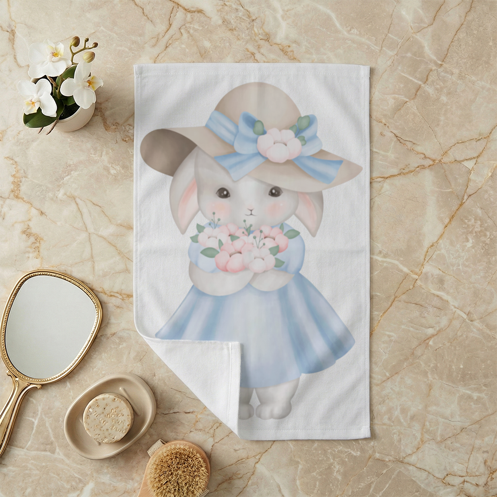 Cute Bunny with Hat Holding Flowers Hand Towel