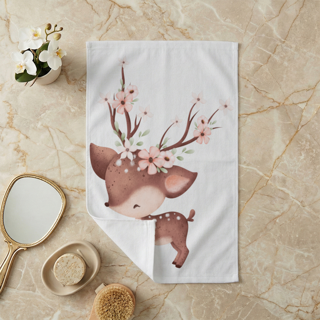 Cute Baby Deer with Floral Antlers Hand Towel