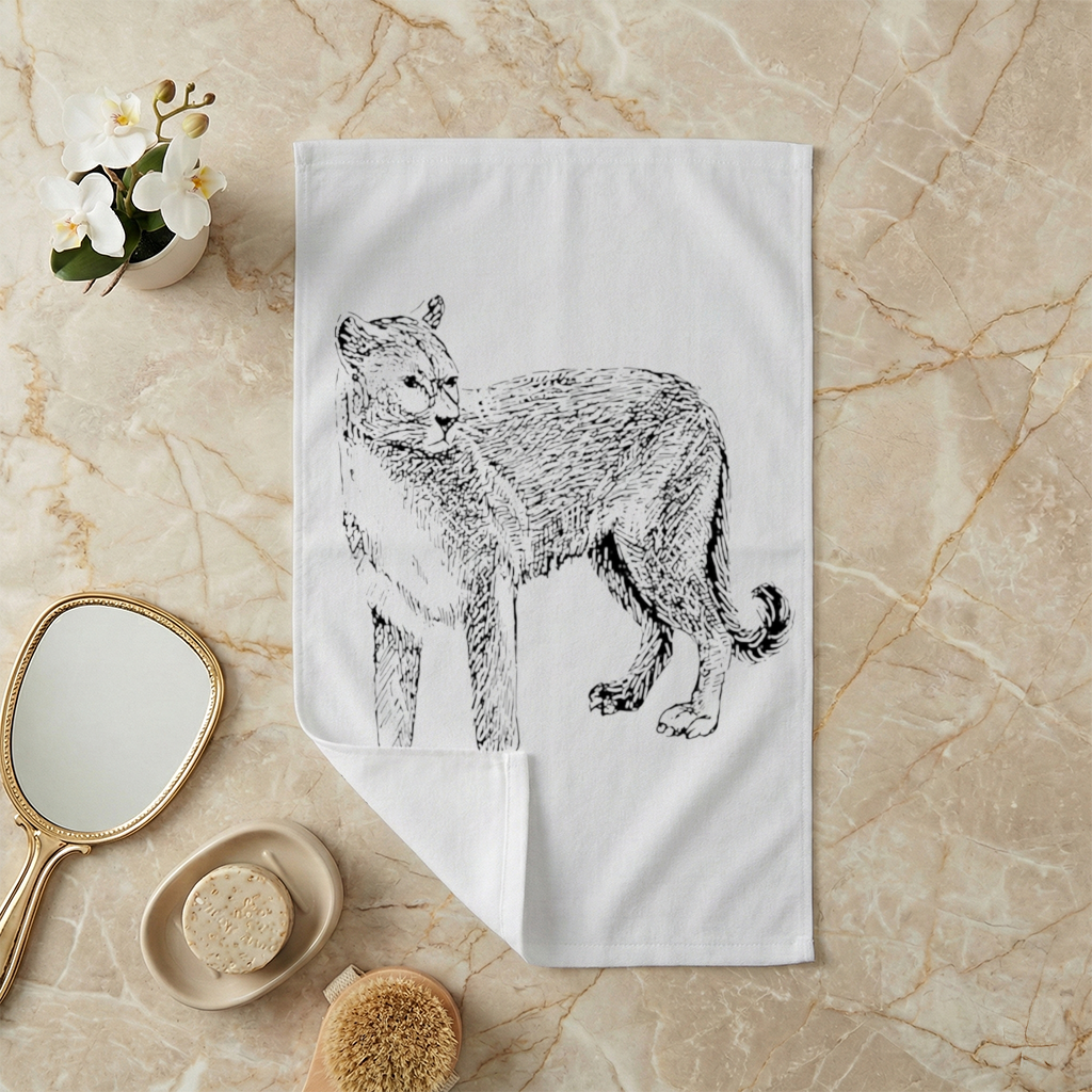 Black and White Wild Cat Sketch Illustration Hand Towel