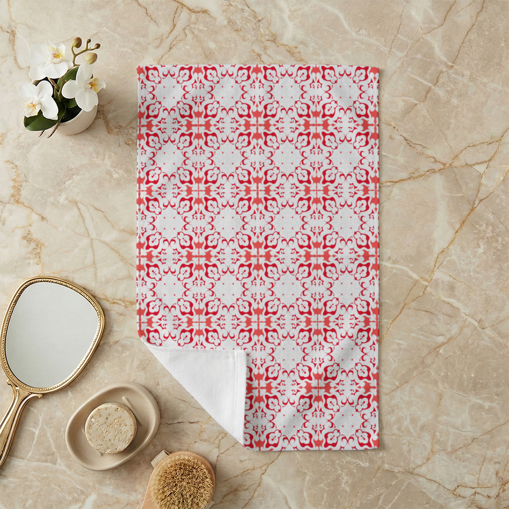 Red and White Traditional Tile Style Pattern Hand Towel