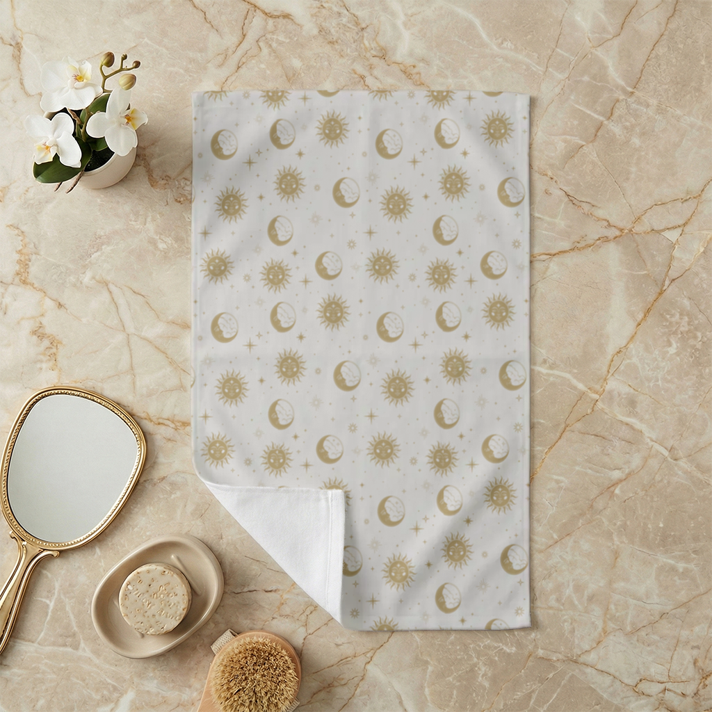 Golden Sun and Moon Mystical Pattern Hand Towel