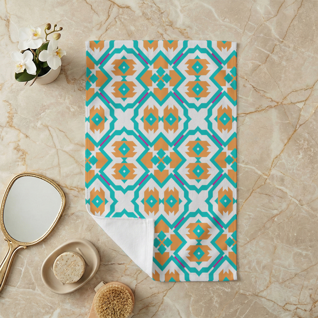 Orange and Turquoise Geometric Pattern Hand Towel