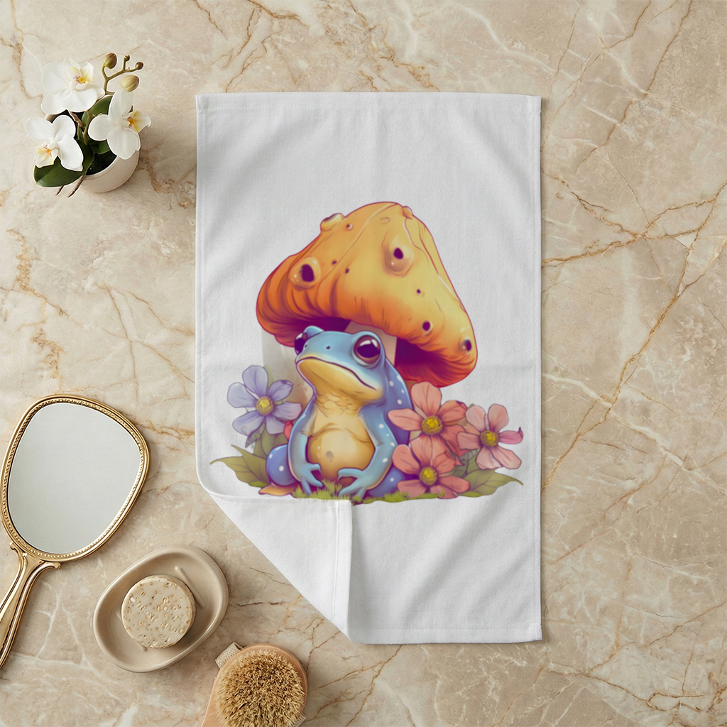 Blue Frog Resting Under Orange Mushroom Hand Towel