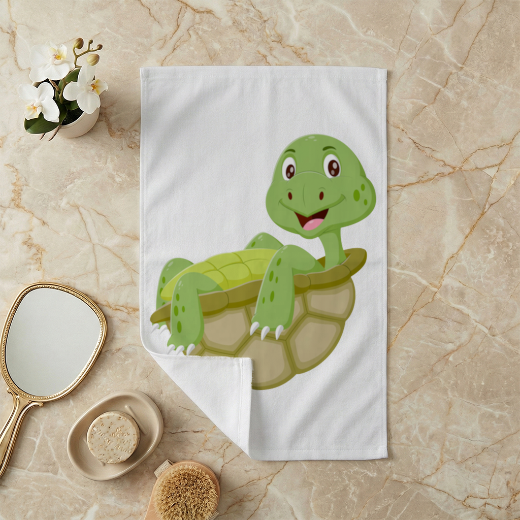 Happy Smiling Green Turtle in Shell Hand Towel