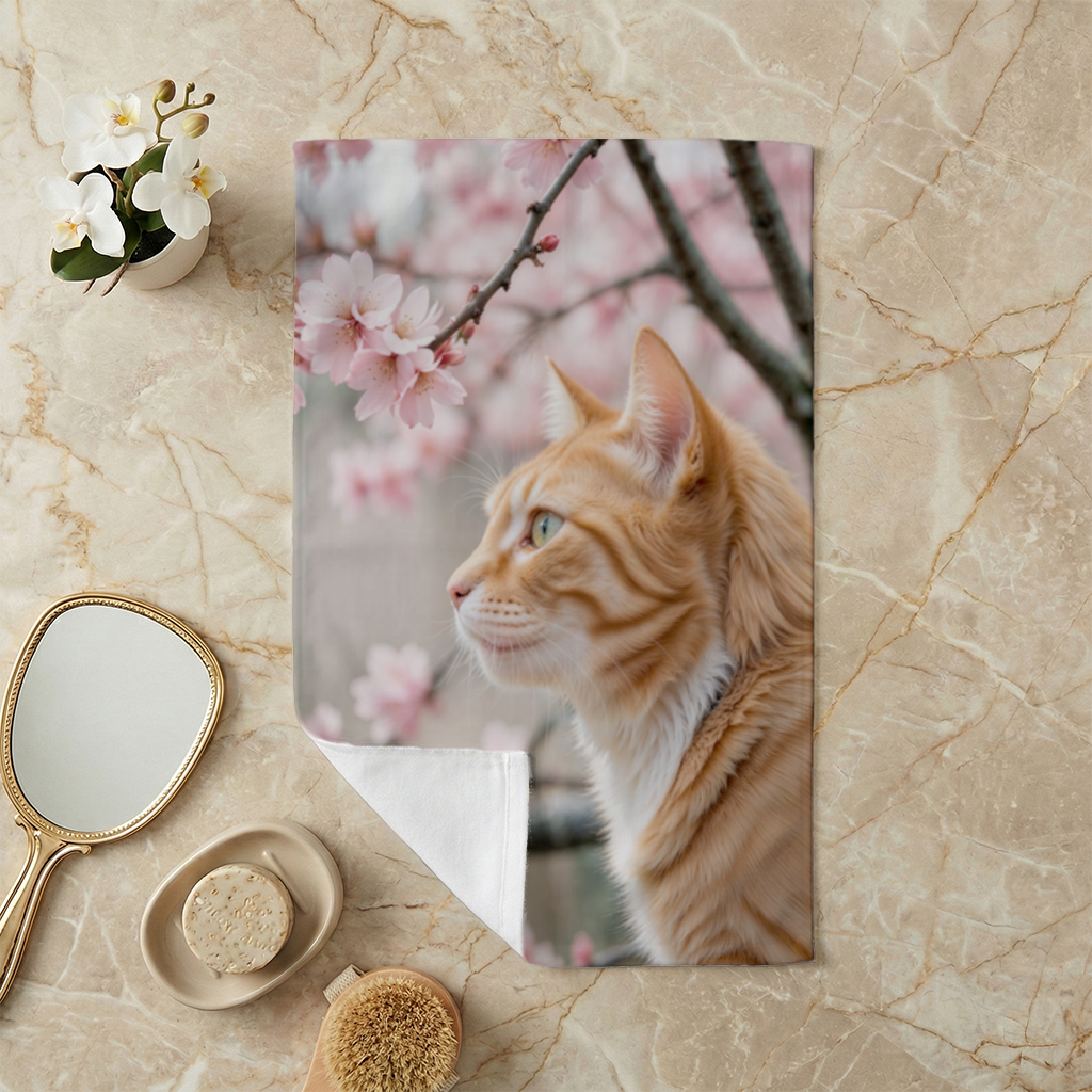 Adorable Ginger Cat Portrait Among Spring Flowers Hand Towel