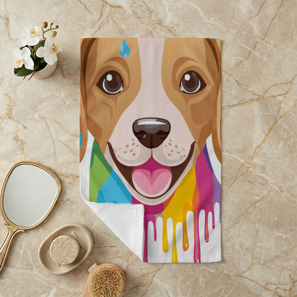 Happy Dog with Colorful Paint Drips Hand Towel