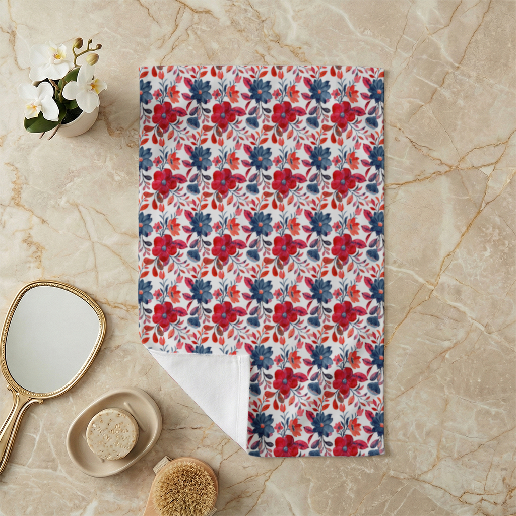 Watercolor Red Navy Floral Hand Towel