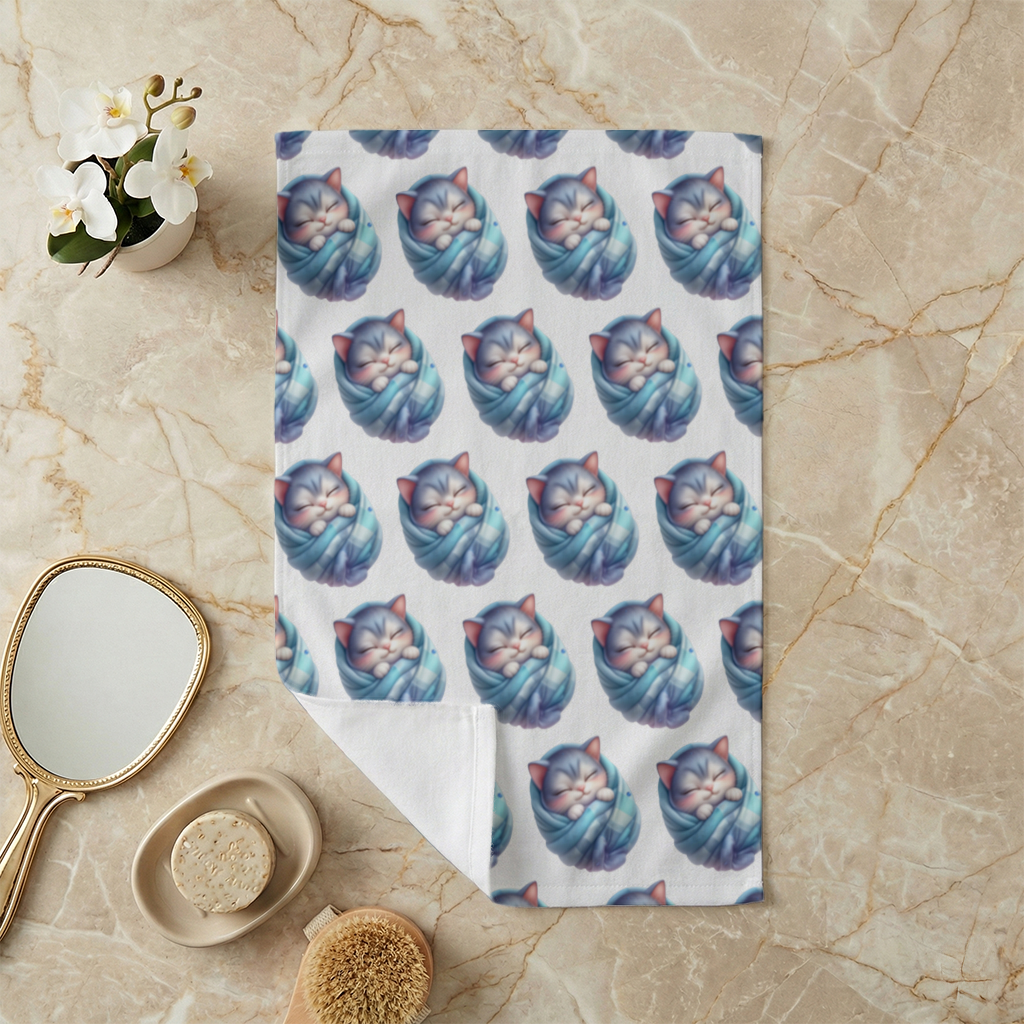Kawaii Sleeping Kitten in Blue Swaddle Hand Towel