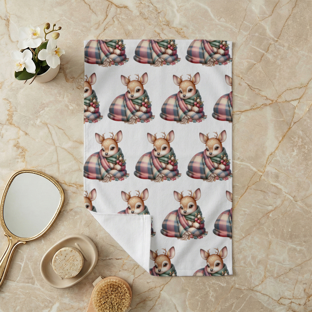 Kawaii Baby Deer with Plaid Scarf Hand Towel