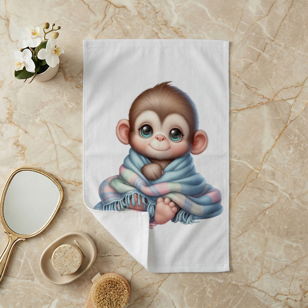 Cute Baby Monkey Wrapped in Blanket Hand Towel
